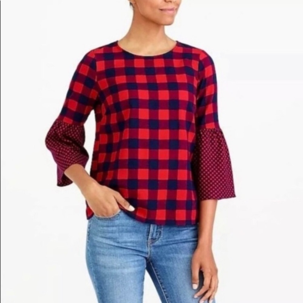 J. Crew Mercantile Red/Navy Gingham Flannel Bell Sleeve Top